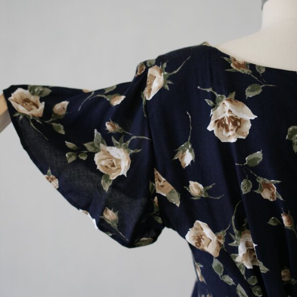 NWT 80's 90's Navy Blue Dead Stock Long Midi Dress/Flutter Sleeves - Picture 6 of 10